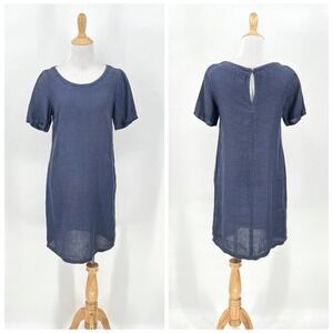120% LINO Short Sleeve Linen Dress Womens 38 Blue Short Tee Shift NEW